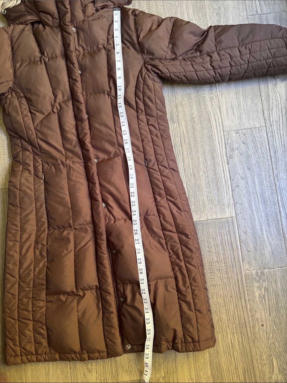 Columbia | Long Quilted Down Feathers Brown Puffer Coat Faux Fur Hood Small - Picture 7 of 10